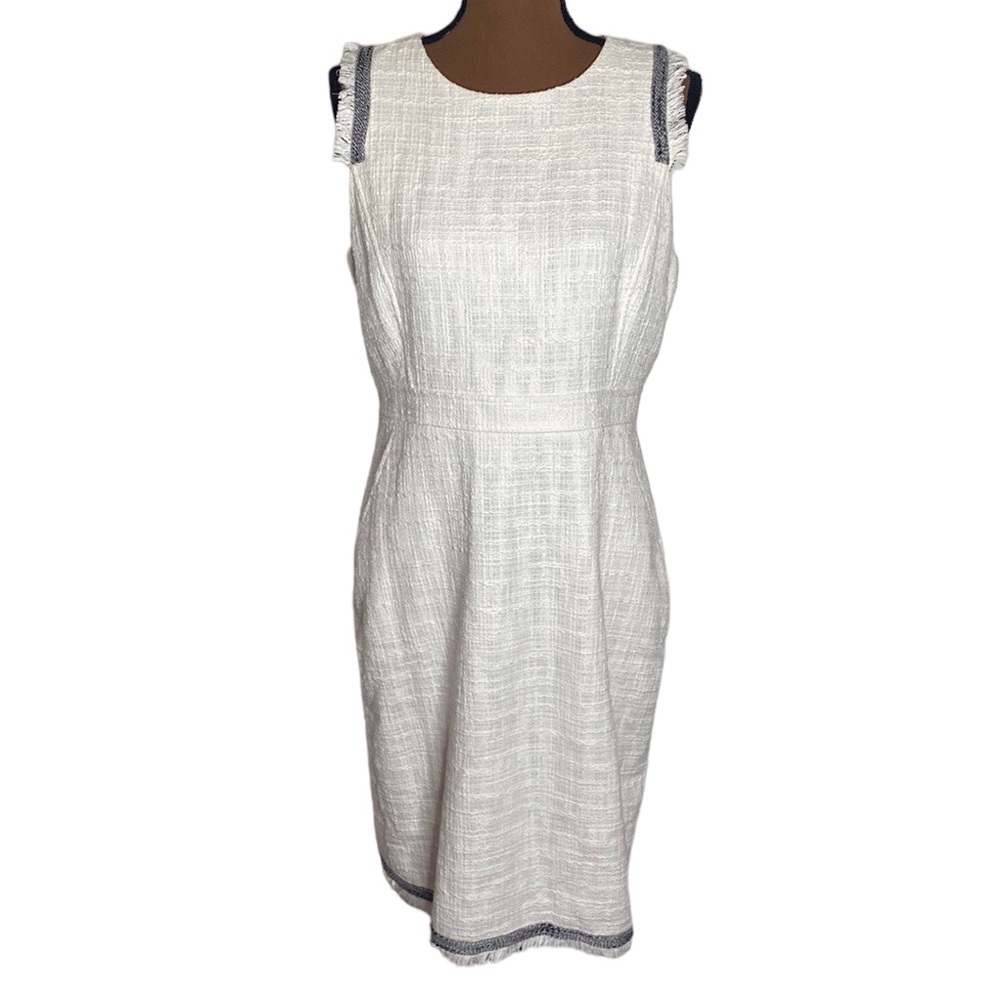 J Crew sheath dress in textured tweed with contrast fringe trim ivory size 12